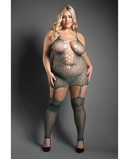 Fantasy Lingerie Sheer Wild Heart Reptile Print Bodystocking Dress, Green Q/S