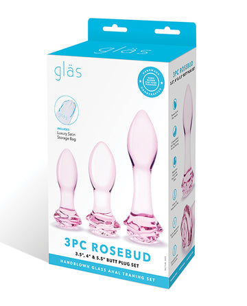 Electric Glas Rosebud 3-Piece Borosilicate Glass Butt Plug Set, Pink