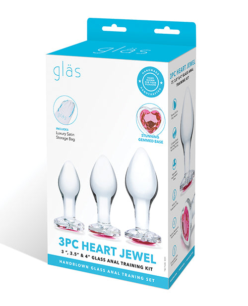 Electric 3-Piece Heart Jewel Glass Anal Training Kit, Graduated Pink