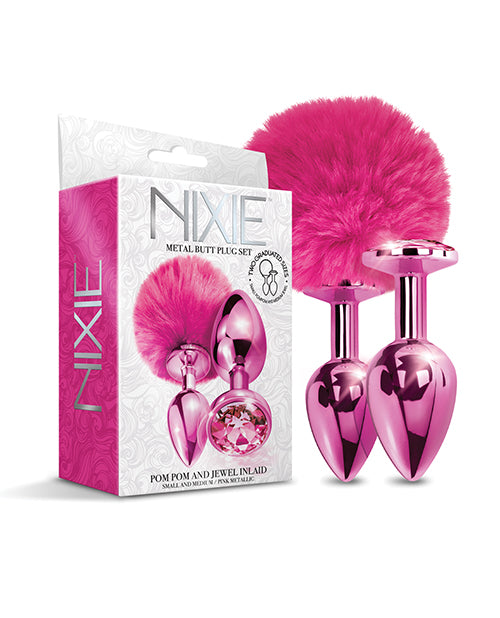 Global Novelties Nixie Metal Butt Plug Set, Pink – 2-Piece with Jewel & Pom Pom