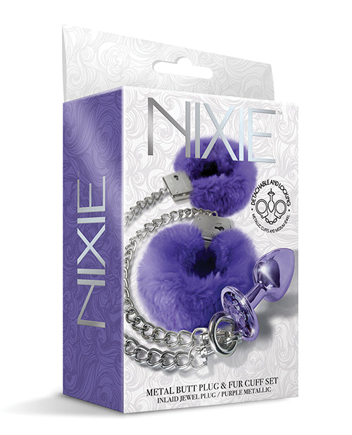 Global Novelties Nixie Metal Butt Plug, Purple Metallic, Jewel & Fur Cuff Set