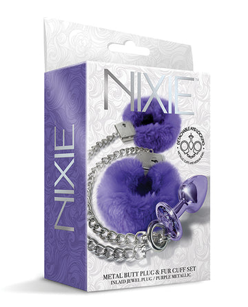 Global Novelties Nixie Metal Butt Plug, Purple Metallic, Jewel & Fur Cuff Set