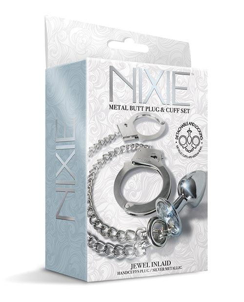 Global Novelties 1000324 Nixie Metal Butt Plug & Fur Cuff Set, Silver, 2.75"