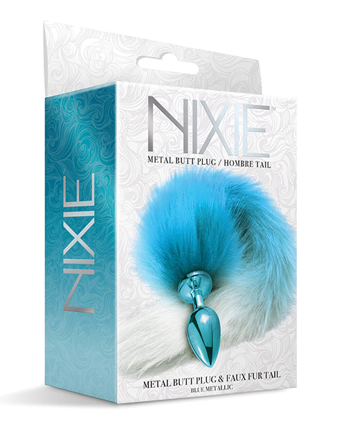 Global Novelties Nixie Metal Butt Plug with Ombre Faux Fur Tail, Blue Metallic