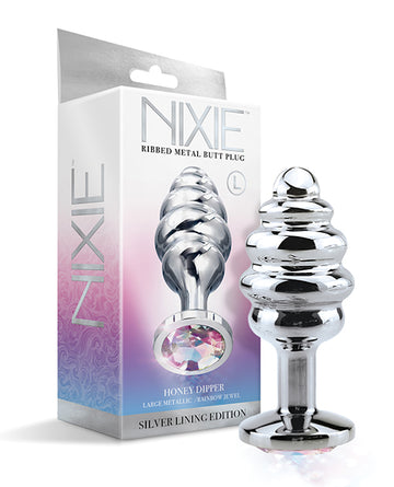 Global Novelties 1000330 Nixie Ribbed Metal Butt Plug, Rainbow Jewel, Large
