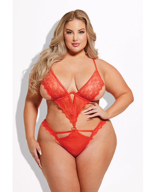 House of Desire Nadia Lace & Mesh Cutout Teddy, Orange - Plus Size