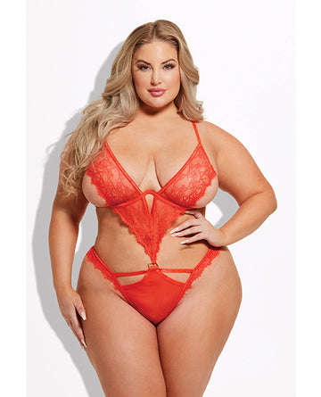 House of Desire Nadia Lace & Mesh Cutout Teddy, Orange - Plus Size