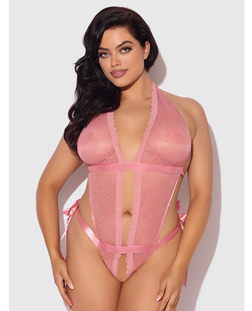 House of Desire Kiki Lace & Satin Drop Off Teddy, Rose – 1X/2X