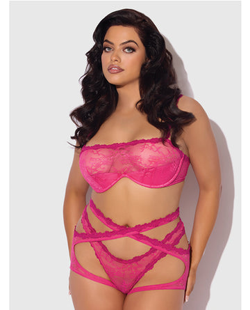 House of Desire Yvone Lace Bra, Garter, & Tanga 3-Piece Set, Pink 3X/4X