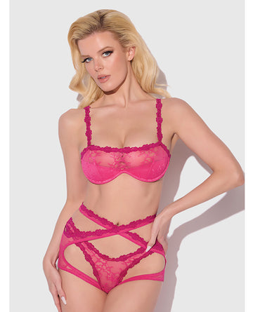 House of Desire Yvone Lace Bra, Garter & Tanga Set - Pink - Large