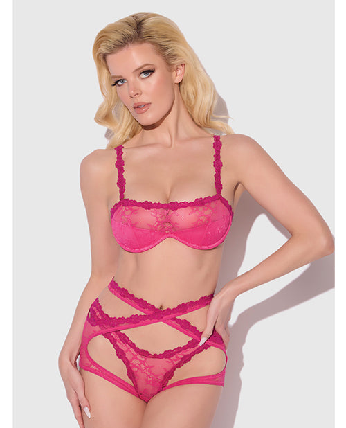 House of Desire Yvone Lace Bra, Garter & Tanga Set with Removable Straps