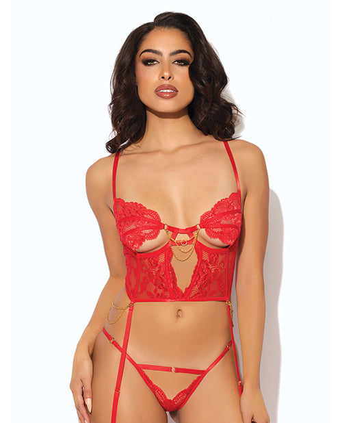 House of Desire HD03503A-HRRD-M Cecily Lace & Mesh Bustier, Red Medium