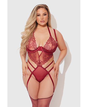 House of Desire Eden Embroidered Lace & Mesh Teddy with Garters, Dark Red 3X/4X