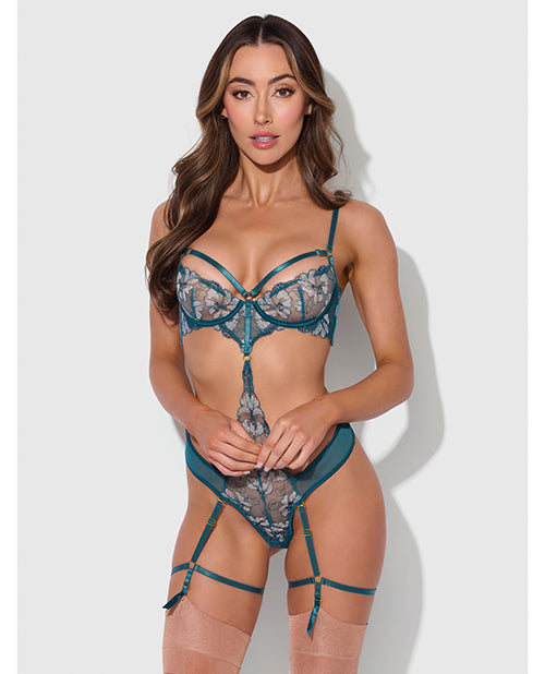 House of Desire Nova Lace Teddy with Garters, Jade Blue XL