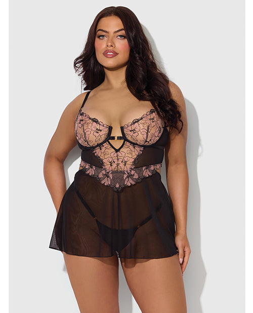 House of Desire Nova Blacklight Lace Babydoll Set, Black 1X/2X