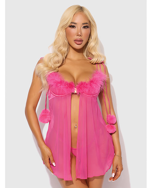 House of Desire Marilyn Marabou Feather & Mesh Babydoll & G-String Set, Pink