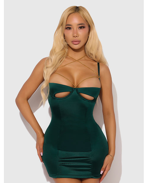House of Desire Evangeline Satin & Chain Open Cup Chemise & G-String Set, Green