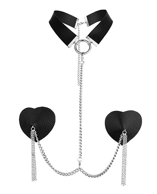 Hott Products HP-3461 Dominatrix Leather Collar & Pasties w/Chain, Black