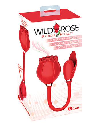 Icon Brands Wild Rose Suction & Bullet Vibrator, Rechargeable Red Silicone