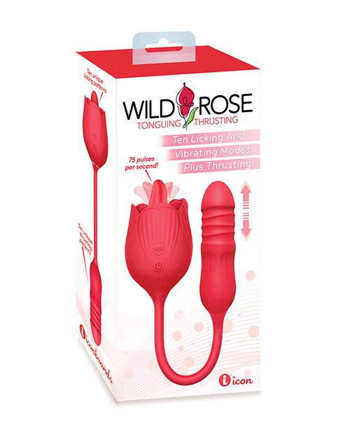 Icon Brands Wild Rose Lick & Thrust Dual Vibrator, Rechargeable Silicone - Red