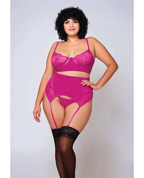 iCollection 77016X 1X Soft Lace Bra Set, Garterbelt & G-String, Fuchsia