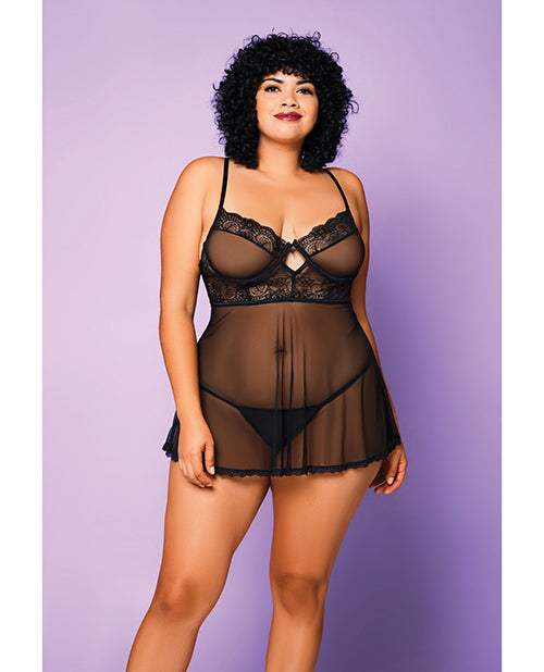 iCollection Lingerie 33026X BLK 3X Soft Mesh Babydoll & G-String, Black