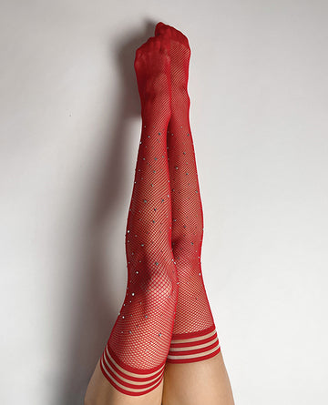 Kix'ies Inc 1353 B Joely Fishnet Rhinestone Thigh High, Red, Size B
