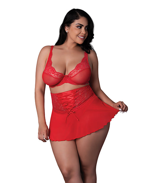 Magic Silk Sugar High Bralette, Cincher Skirt & Thong Set, Red, Queen Size