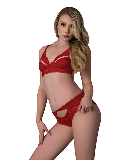 Rush Lace & Mesh Bra & Panty 2 pc Set - Red L/XL