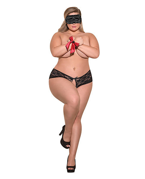 Magic Silk Love & Bondage Split Back Lace Booty Short Set, Black Queen