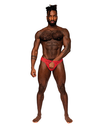 Male Power 409-280 RED S/M Sassy Lace Open Ring Thong, Red, S/M
