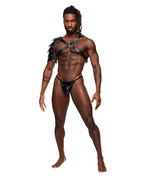 Male Power Aquarius PU Leather Chest Harness with Shoulder Shield, Black