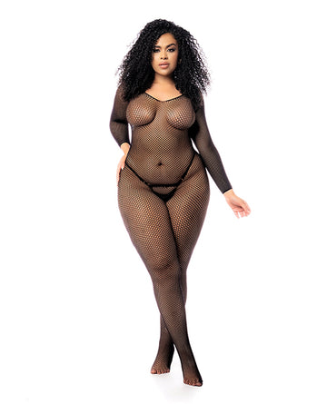 Mapale 1102X BLK O/SX Long Sleeved Fishnet Body Stocking, One Size Plus, Black