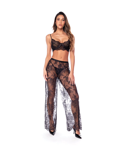 Mapale 3-Piece Lace Bra, Wide-Leg Pants and Thong Set, Black, Large