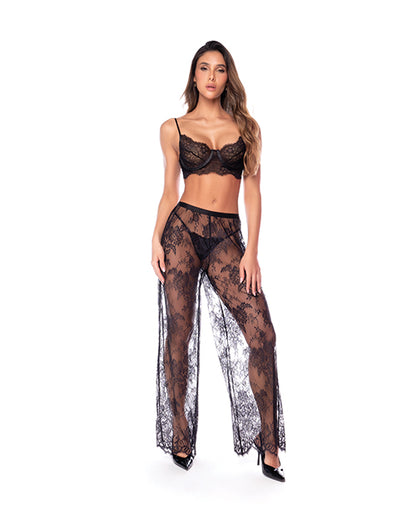 Mapale 3-Piece Lace Bra, Wide-Leg Pants and Thong Set, Black, Large