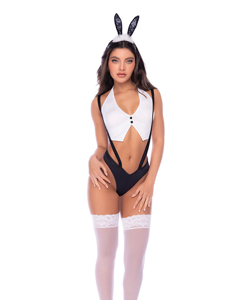 Mapale Bunny Costume Set with Halter Top, Suspender Bottom, and Bunny Ear Headband, Black and White, L/XL