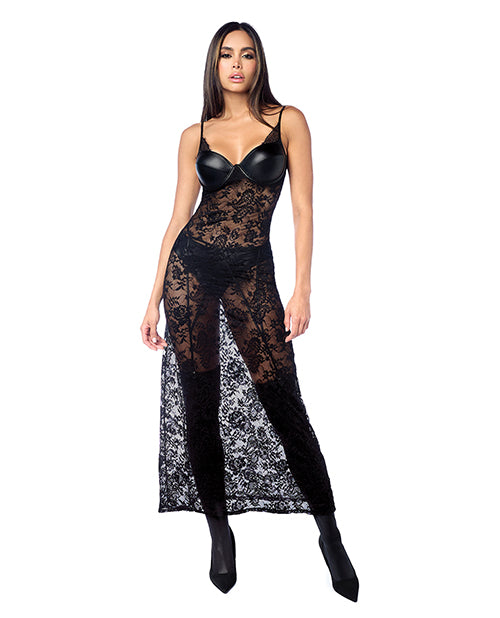 Mapale Rebel Misfit Lace Maxi Gown with Faux Leather Cups, Black