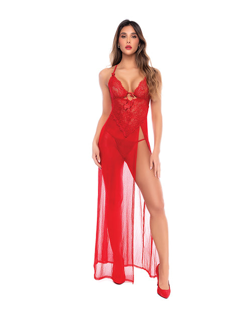 Mapale Dotted Lace and Mesh Maxi Dress with Thong, Red, L/XL