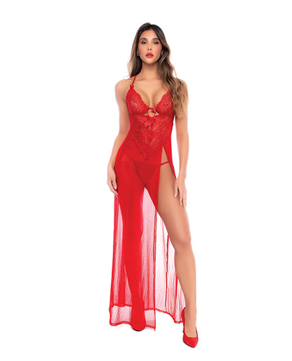 Mapale Dotted Lace and Mesh Maxi Dress with Thong, Red, L/XL