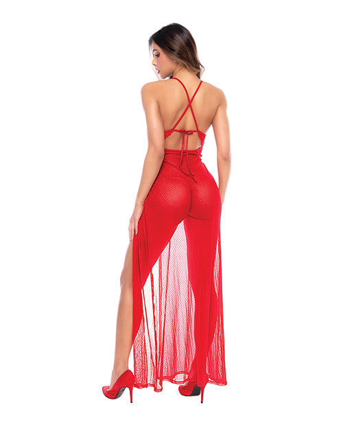 Mapale Dotted Lace and Mesh Maxi Dress with Thong, Red, L/XL