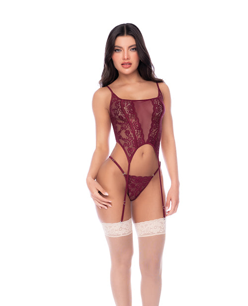 Mapale Burgundy Sheer Lace and Mesh Top with Attached Garter Straps and Thong, L/XL