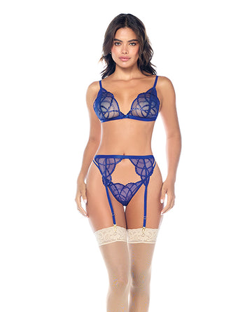 Mapale 8944 Three-Piece Embroidered Lingerie Set, Sapphire Blue S/M