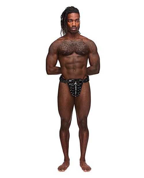 Male Power 542-266 BLK O/S Leather Thong with Cage Pouch, Black