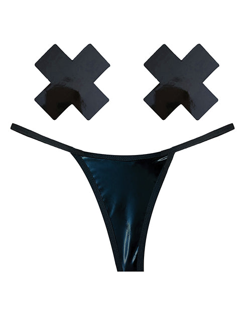 Neva Nude GST-DOM-NKX Naughty Knix Wet Vinyl G-String & Pasties, Black