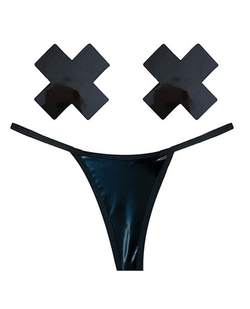 Neva Nude GST-DOM-NKX Naughty Knix Wet Vinyl G-String & Pasties, Black
