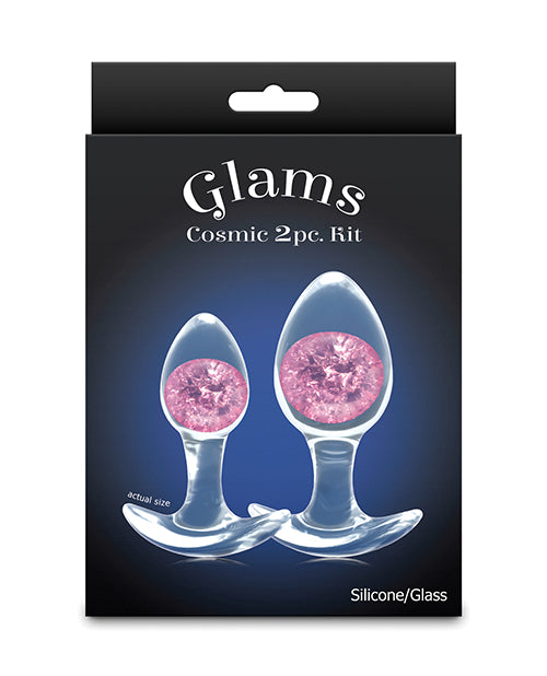 NS Novelties Cosmic Glams 2 pc Silicone Glass Anal Plug Kit, Pink