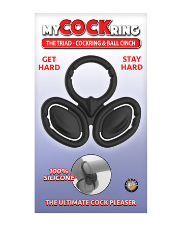 Nasstoys 3005 The Triad Cockring & Ball Cinch, Black Silicone