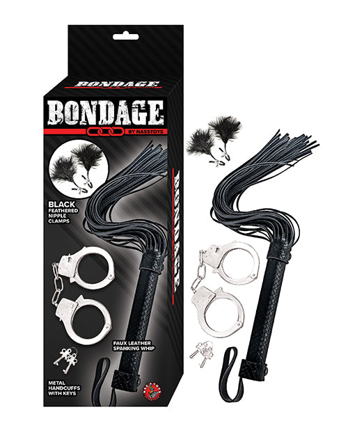 Nasstoys Bondage Kit: Whip, Cuffs & Feathered Nipple Clamps, Black