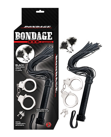 Nasstoys Bondage Kit: Whip, Cuffs & Feathered Nipple Clamps, Black