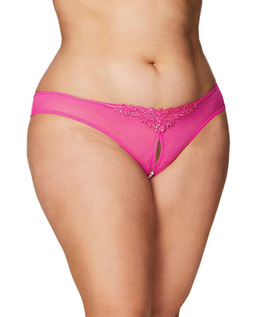 Oh La La Cheri 2066X Ht Pnk 3X/4 Crotchless Pearl Thong, Hot Pink